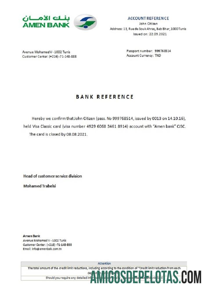 Referência de fechamento do banco Amen da Tunísia amostra